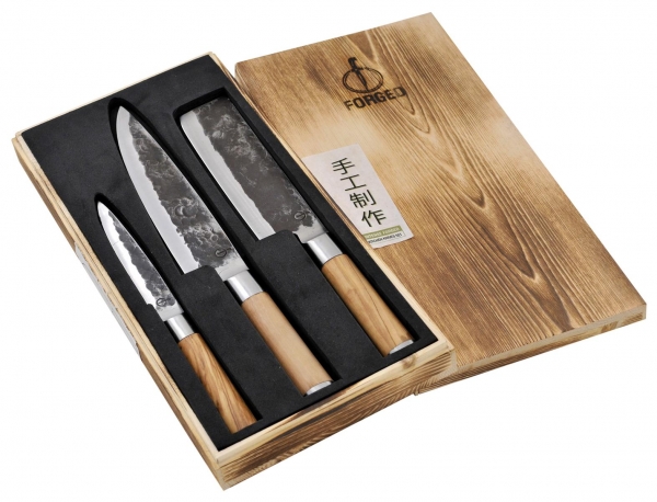 Forged - Olive 3-tlg. Messerset: Kochmesser, Hackbeil, Universalmesser