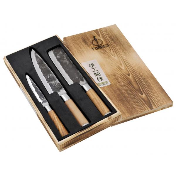 Forged - Olive 3-tlg. Messerset: Kochmesser, Hackbeil, Universalmesser