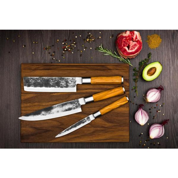 Forged - Olive 3-tlg. Messerset: Kochmesser, Hackbeil, Universalmesser
